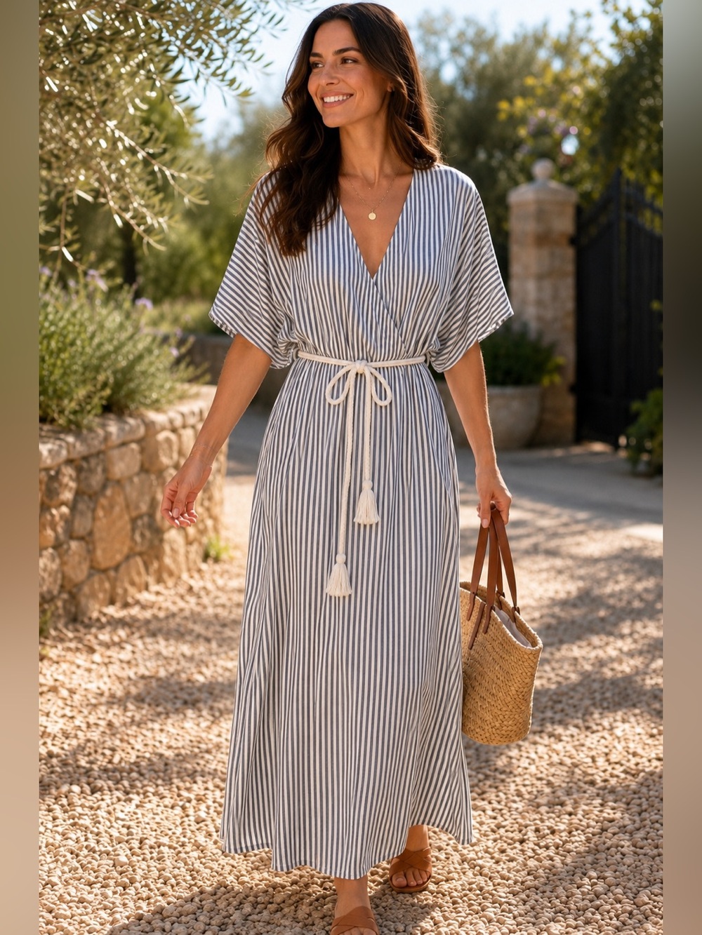 MINKPINK Striped V-Neck Maxi Dress with Rope Belt💞